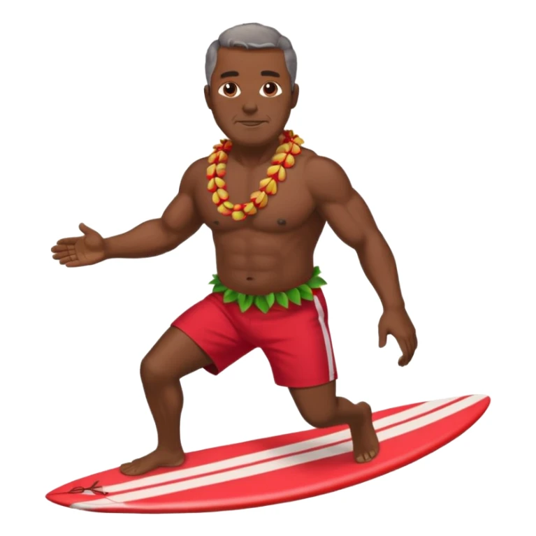 Dark muscular 50 year old man with red shorts and shell lei surfing sticker