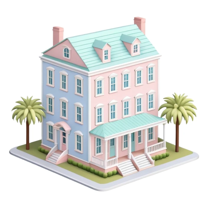 charleston pastel row home dollhouse, 3d isometric, realistic sticker
