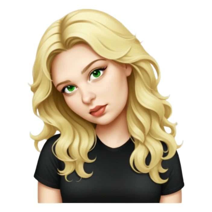 female, long wavy blonde hair, wearing black tshirt sticker