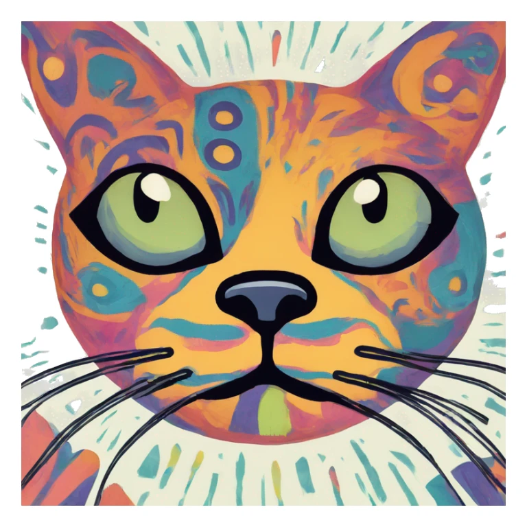 Abstract quirky funky cat made of different shapes and squiggles linocut multicoloured illustrations  sticker