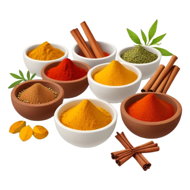 Assorted colorful spices in small bowls, including red paprika, yellow turmeric, green herbs, and brown cinnamon sticks sticker