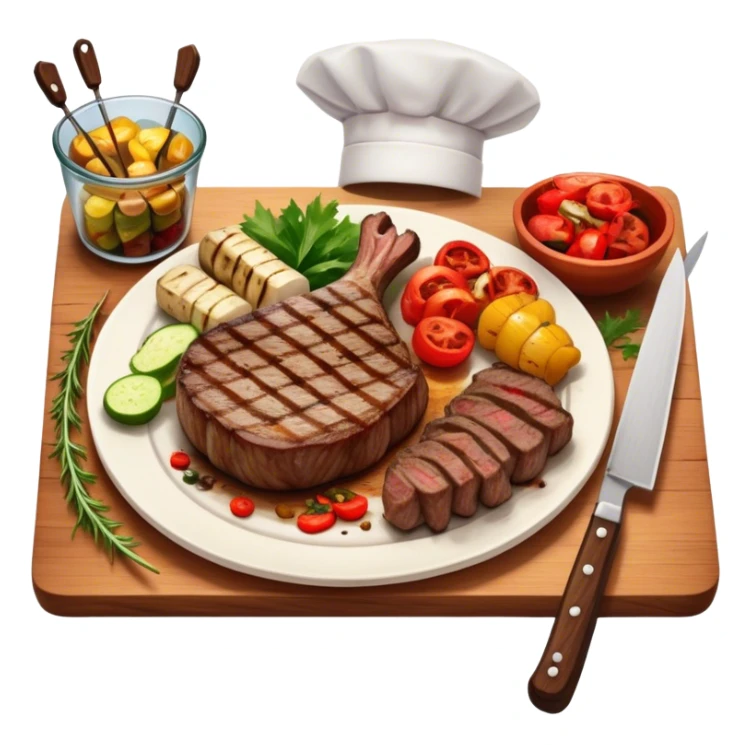 icon featuring a chef’s hat, a cutting board with fresh ingredients, a knife, a beautifully cooked ribeye steak, shashlik skewers, and a plate of food in the making. The design captures the passion of cooking with warm, inviting colors, and realistic textures. Transparent background. sticker