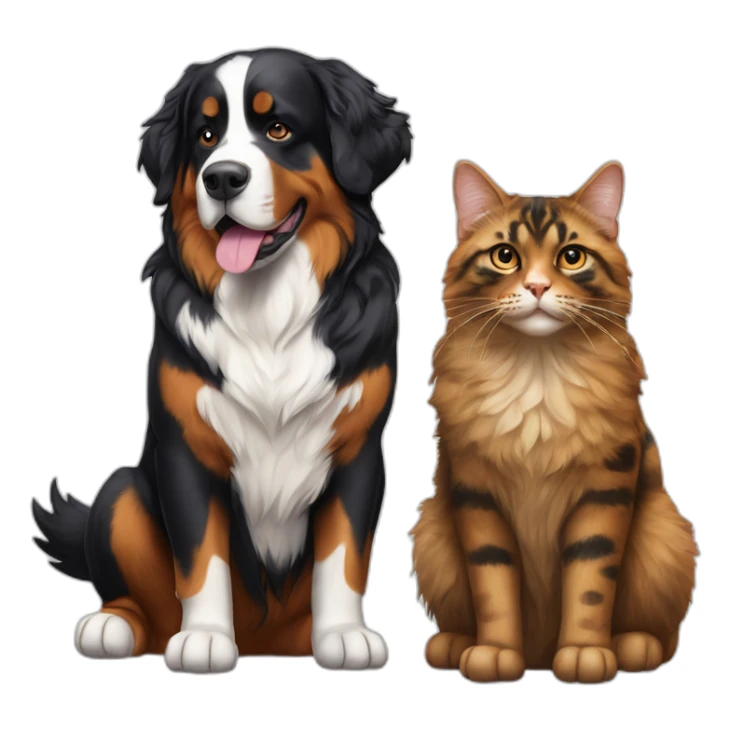 A Bernese dog next to A tortoiseshell cat without white sticker