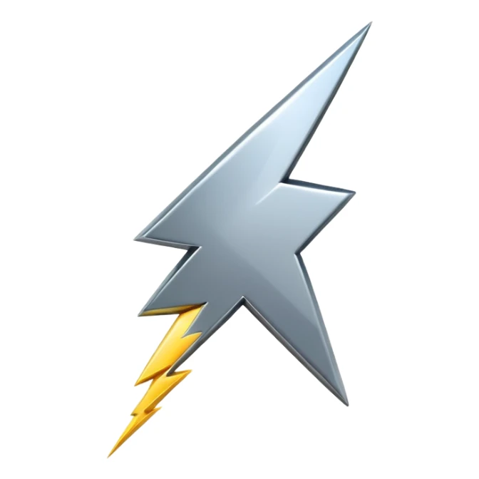 A lightning bolt emoji made of polished silver chrome, sharp yet rounded edges, glossy metallic surface, soft reflections, minimal futuristic design, iOS emoji style, centered, clean white background sticker