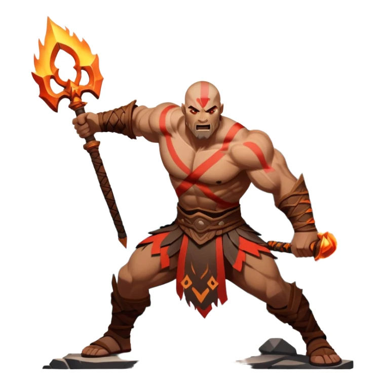 An icon showing a powerful warrior wielding a weapon, inspired by God of War: Ragnarok. The design captures the character’s strength, with dynamic motion lines. A fiery, mythological background with mountains and ruins enhances the epic atmosphere. Transparent background. sticker