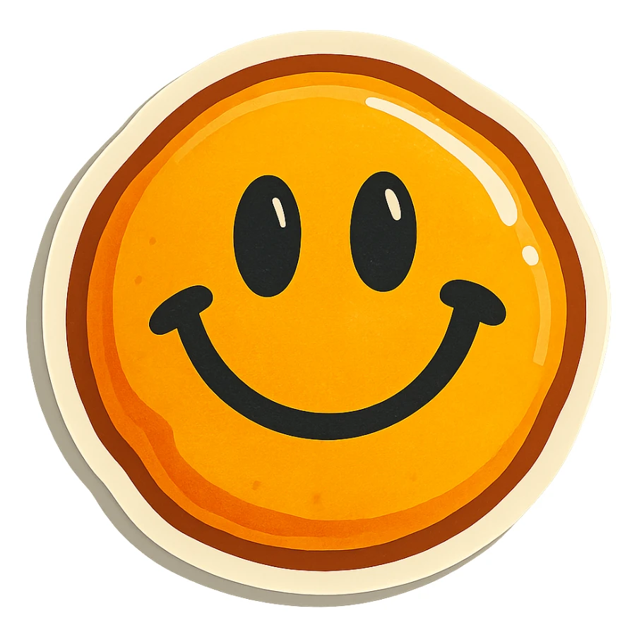 retro sticker style icon of a dalgona candy with a playful and bold smiley face pressed in the center sticker