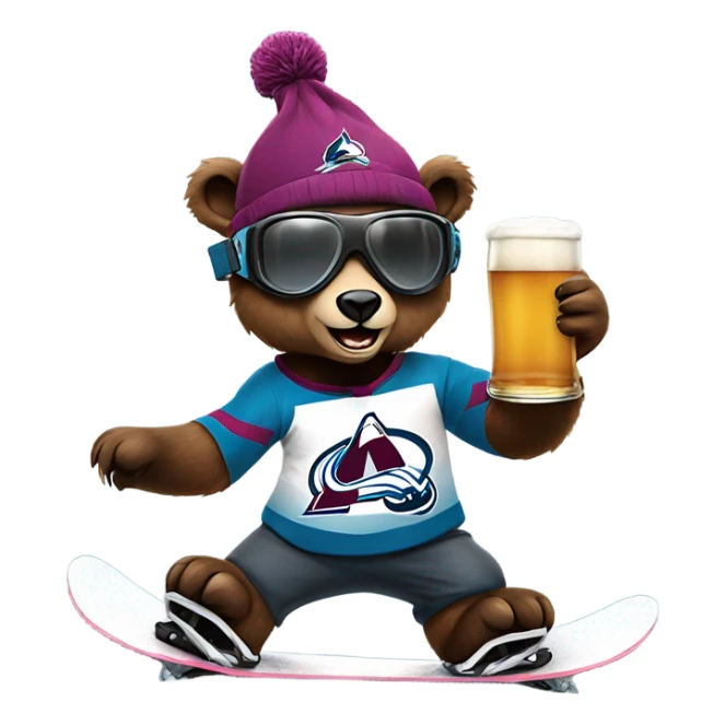 snowboarding bear wearing helmet and goggles, colorado avalanche jersey doing insane tricks while holding a beer sticker