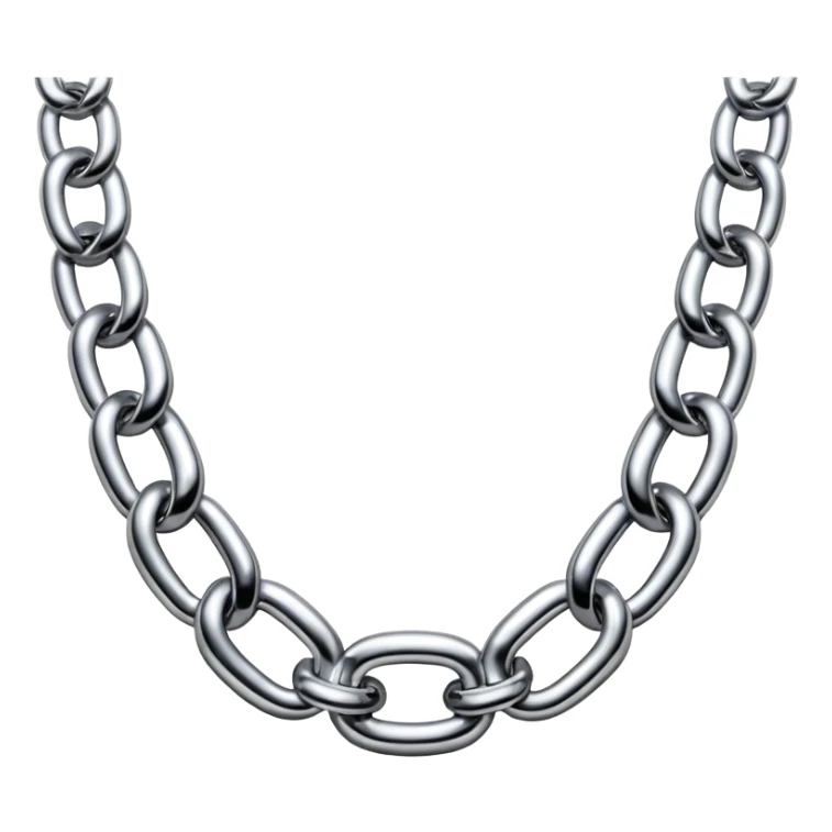 A thick luxury chain emoji made of liquid silver chrome, smooth rounded links, glossy metallic reflections, heavy swag aesthetic, minimalistic iOS emoji style, centered, clean white background sticker