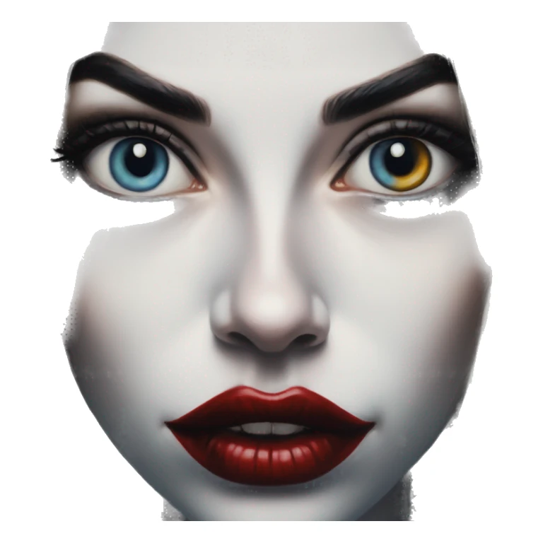 Love in Harley Quinn style, oil paint, mysterious eyes, intricate lips, masterpiece portrait, odd perspective, beautiful, desirable, logical sticker