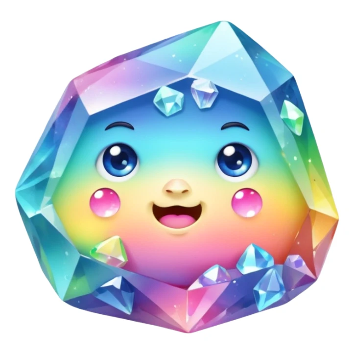 A single pastel rainbow crystal rock character, chubby and heavy with a chunky, irregular polygon shape,covered in faceted crystal planes and small chips, big glossy rainbow eyes  sticker