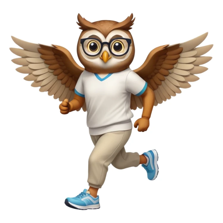 friendly anthropomorphised owl with visible wings, in pants and a shirt, wearing glasses, jogging upright, standard pose sticker