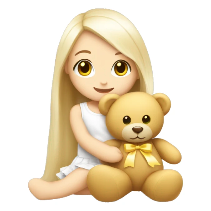 cute white doll with yellow bow, long straight hair, hugging a Teddy bear sticker