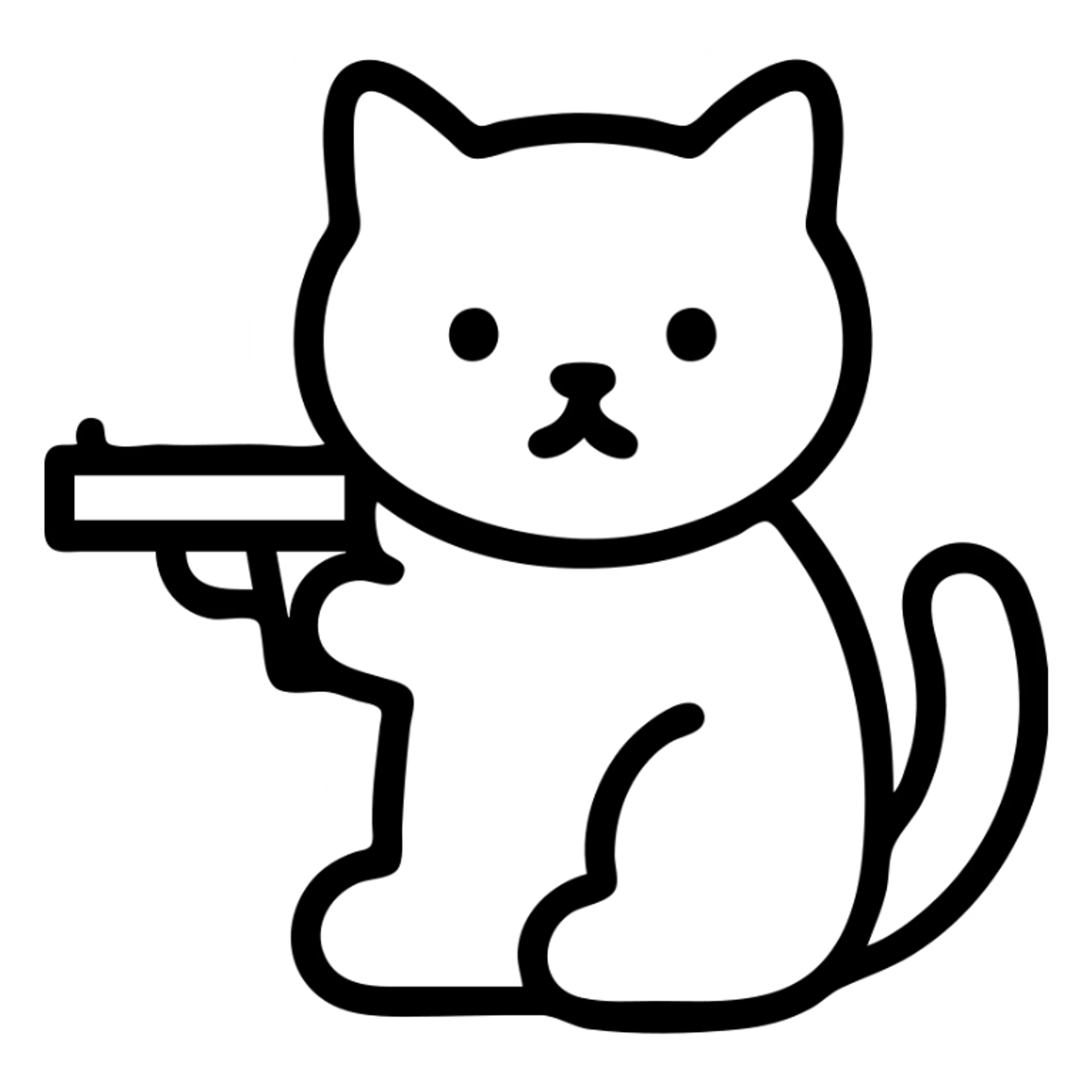 black and white line art style little cat holding a gun, simple sticker