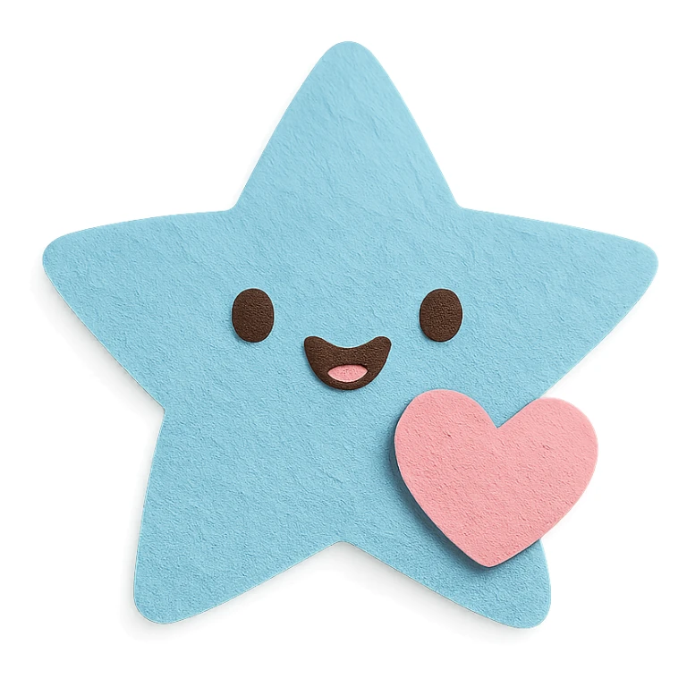 Happy pastel blue star with a tiny pastel heart in front, no arms or legs, full body, transparent background, in kawaii paper craft style. sticker