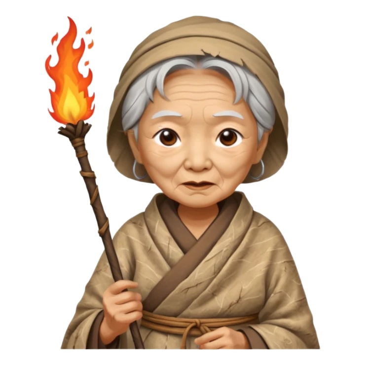ancient asian old woman, tattered leaf cloth, hold fire stick sticker