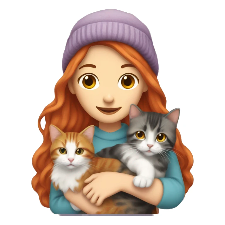 Long Red haired white woman in beanie with holding a long haired tabby cat sticker