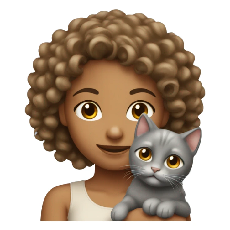 Tanned curly girl holding a grey puffy cat sticker
