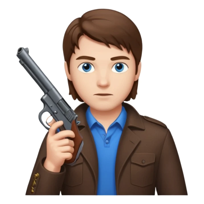guy w medium long brown hair and blue eyes shooting himself sticker