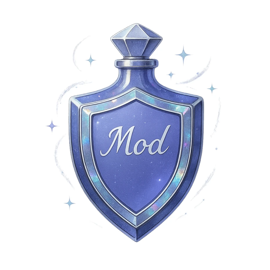 prabangus eliksyro buteliukas, skydo forma, spalva #7986cb, sidabrinės ir holografinės detalės, labai mažas kaklelis, vientisas dugnas, plūduriuoja ore, be pagrindo ar šešėlio, modernus, kolekcijai tinkamas, magiški švytėjimai ir efektai, užrašas 'Mod' ant buteliuko, skaidrus fonas sticker