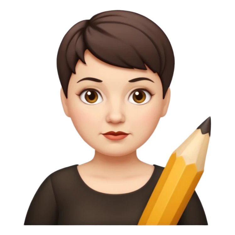 classic teacher emoji but fatter and with a black pixie cut, make her white and the pixy cut is pointy and dark brown and she is very fat sticker