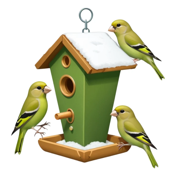 3 Green finch feeding on a bird feeder in the snow sticker