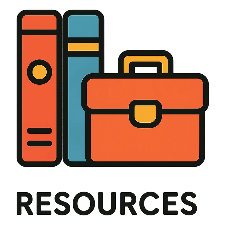 minimalist gray icon representing Resources with books, toolbox, or stack of files, worn and distressed look sticker