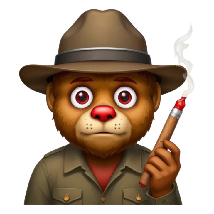 Smokey the bear with blooshot eyes holding a joint sticker