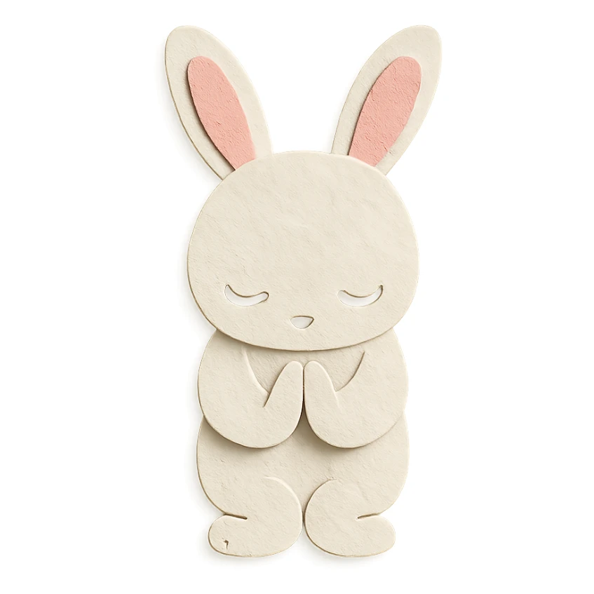 white bunny bowing politely, paws together, paper-craft style sticker