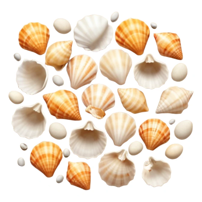 shells on sandy beach, top-down view, apple emoji style, alternate version sticker