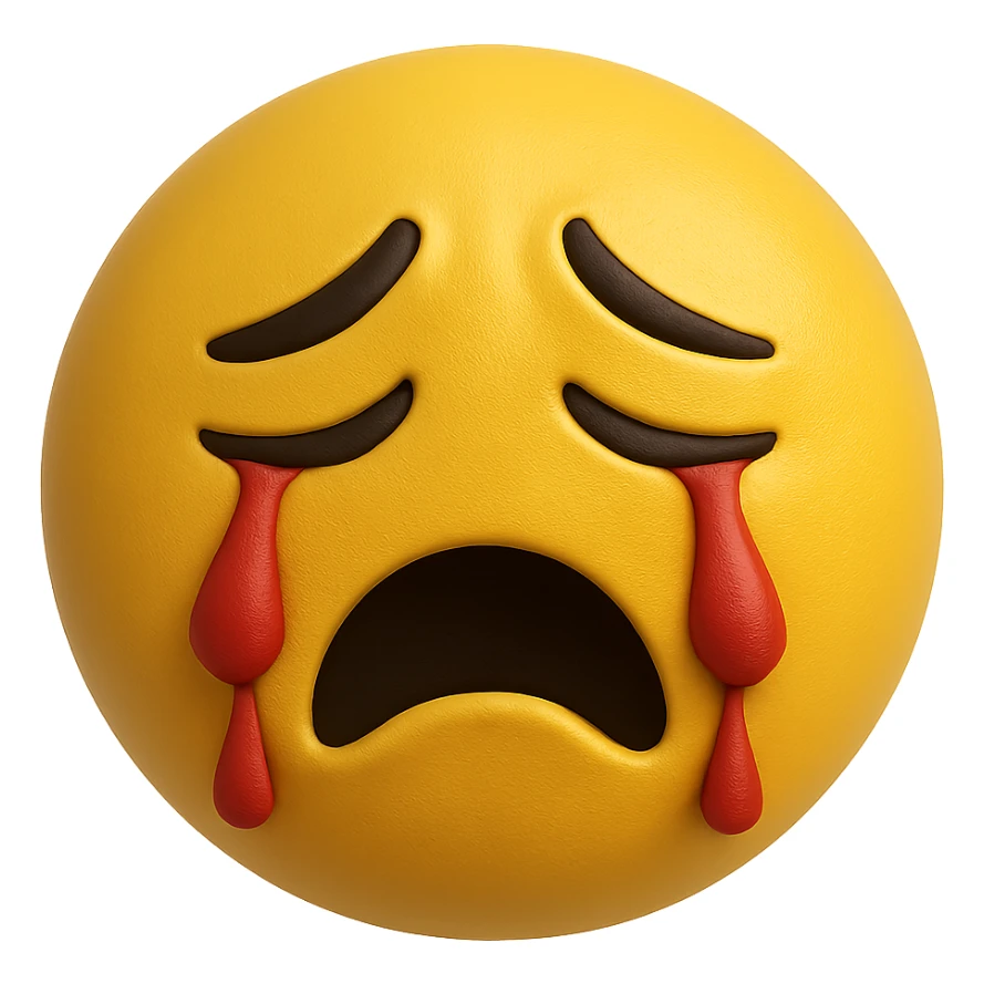 yellow crying face emoji, matte finish, red tears, no background sticker