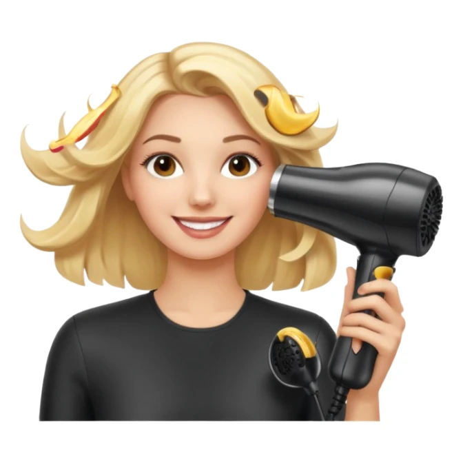 mujer sonriente en la peluquería secándose el cabello con secador, detalles de salón de belleza, estilo emoji apple sticker