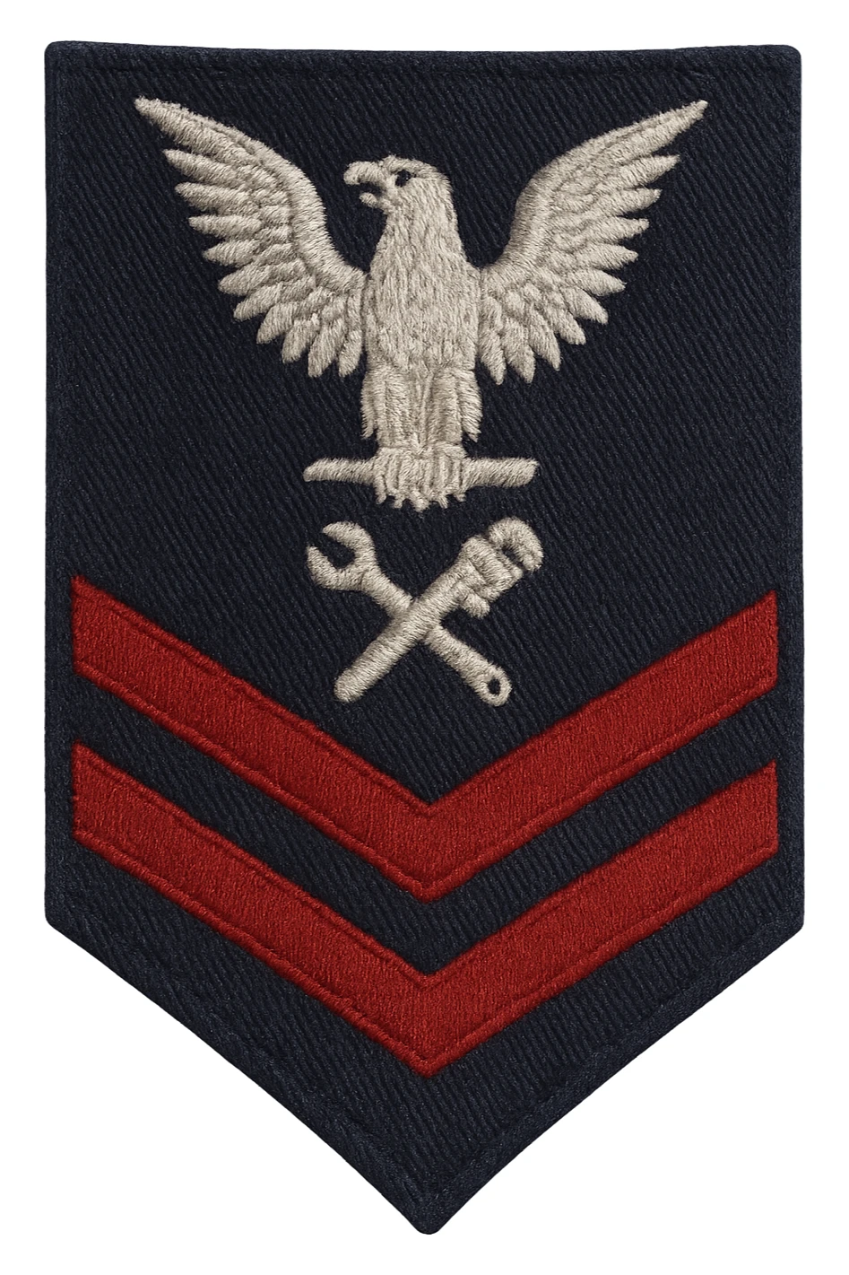 U.S. Navy Petty Officer Second Class (E-5) sleeve insignia, realistic style, silver eagle perched above two red chevrons with a specialty mark in between, no background, transparent sticker