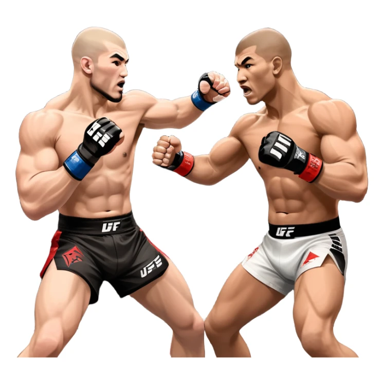 Two MMA fighters in the octagon, one delivering a strong punch while the other defends with a guard. The background shows the UFC octagon with the crowd in the distance. Transparent background emphasizes the dynamic intensity and skill of mixed martial arts. sticker