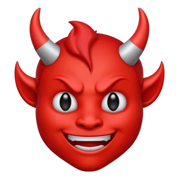 CARTOON STYLE EMOJI of a RED DEVIL FACE with small HORNS pointing up, BLACK EYES, and a MISCHIEVOUS SMILE. The entire face is RED with a smooth glossy texture. BACKGROUND is PURE WHITE, clean and simple. sticker