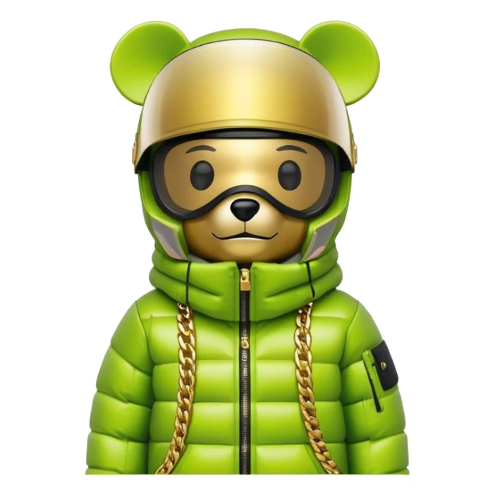 geometric bearbrick in lime graffiti balaclava wearing large snowboard style panoramic shield visor with single continuous lens, no eye division, luxury down jacket with fur, gold chains sticker