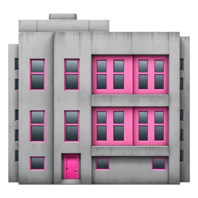 Gray concrete brutalist architecture with a single bright pink window and multiple regular windows sticker
