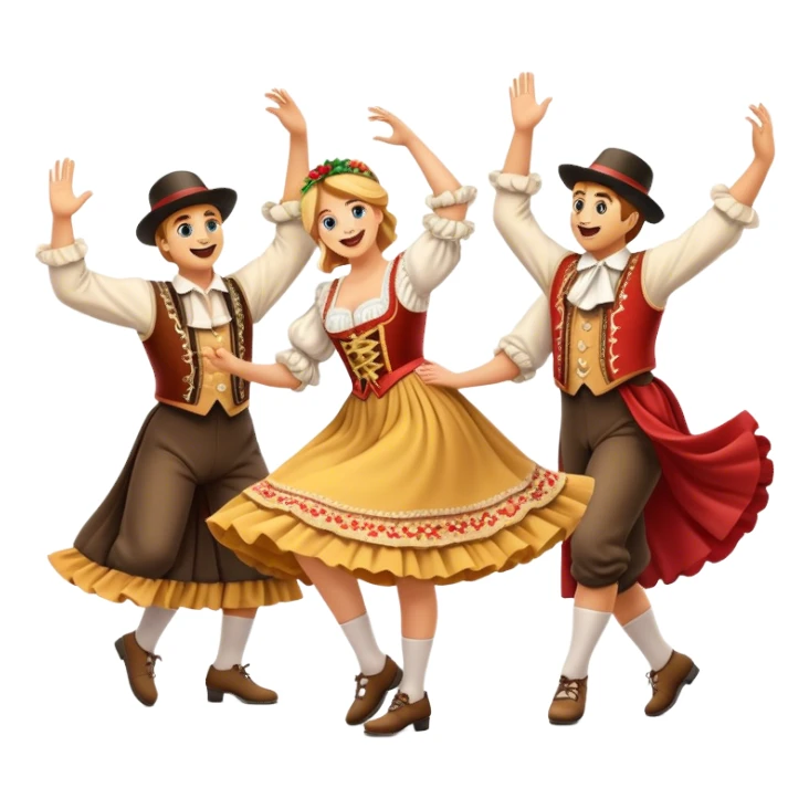 Cinematic Realistic Schuhplattler Dance Emoji, depicted as a lively traditional folk dance scene with performers in authentic Bavarian costumes, rendered with dynamic textures and festive natural lighting that captures the spirit of rural celebration. sticker
