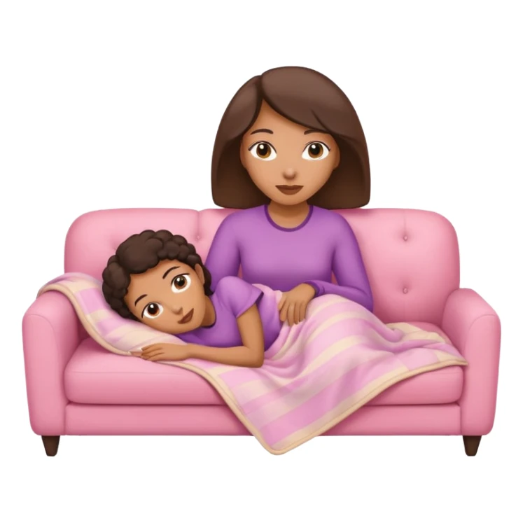 Mixed-race woman with caramel skin, slim thick, lying on a beige sofa with a pastel pink blanket sticker