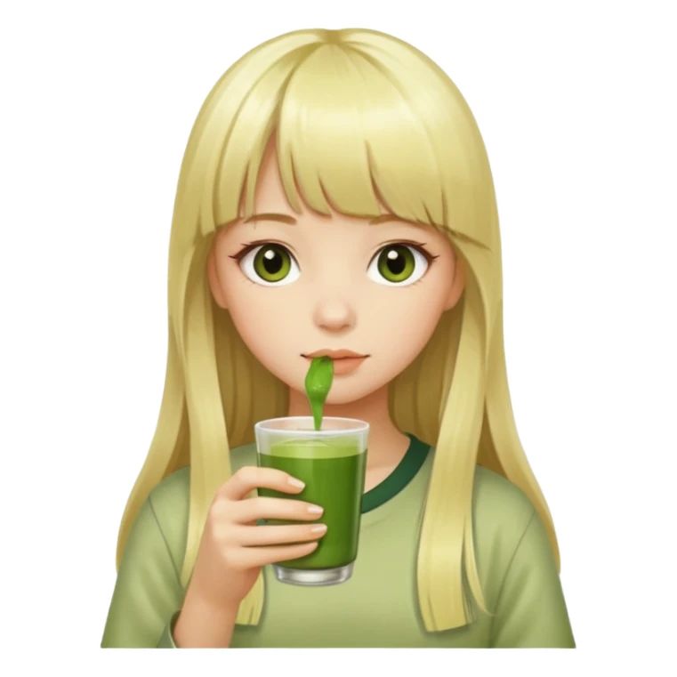 a girl have long blonde hair with bangs drinking matcha sticker