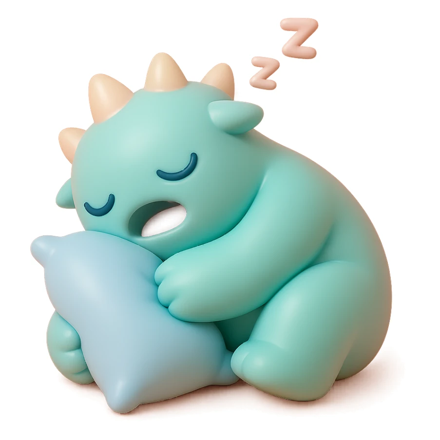 monster curled up with a pillow, snoring, gentle pastel palette, no background, vinyl figure style sticker