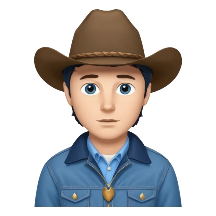 Jack Twist from Brokeback Mountain with blue eyes, dark brown hair, light blue shirt, navy blue jacket and cowboy hat sticker