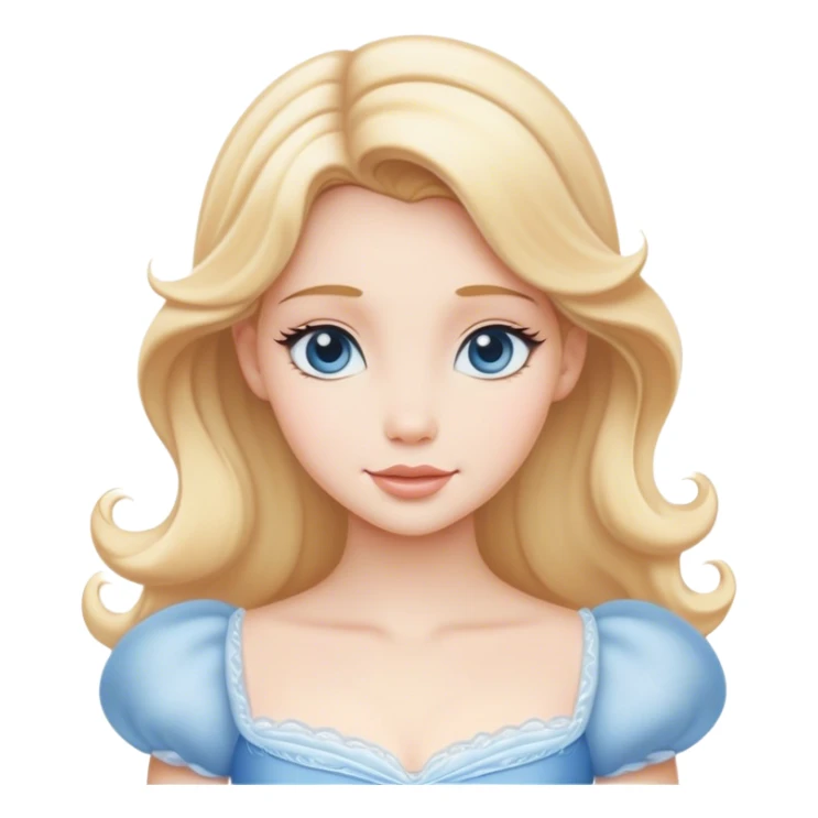 Cinematic Serene Cinderella Portrait Emoji, rendered in a realistic, vector-style with minimal shading. Depict a gentle Cinderella (chest and above) with porcelain skin, smooth blonde hair falling in soft waves, and calm, inviting eyes. Dressed in her modest daytime dress, she exudes quiet grace and pure enchantment, highlighted by a soft glowing outline. sticker
