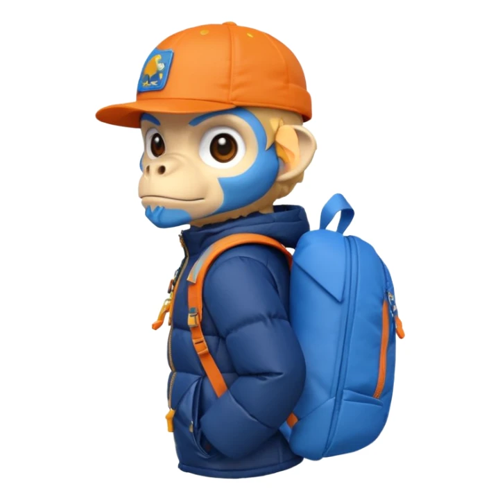 monkey with extremely angry face, in dark blue puffer jacket, holding blue origami dinosaur roller backpack, orange cap with Jurassic Park logo, Android emoji style sticker