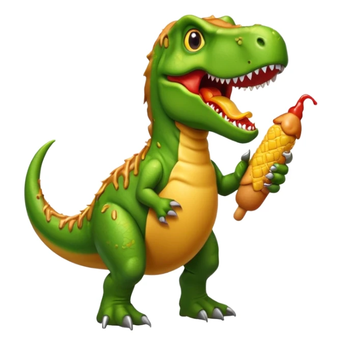 Green T-Rex holding a corn dog with ketchup  sticker