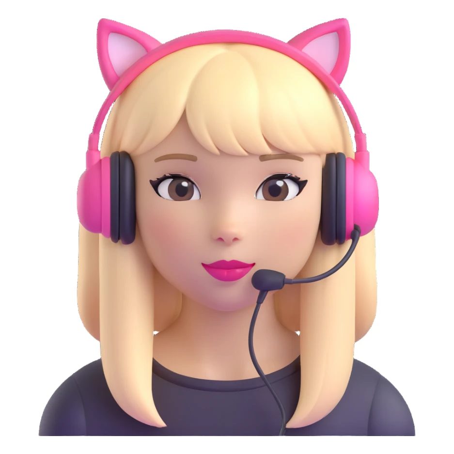 sassy blond girl with straight hair, short bangs, pink kitty-ear headset, pink lips sticker