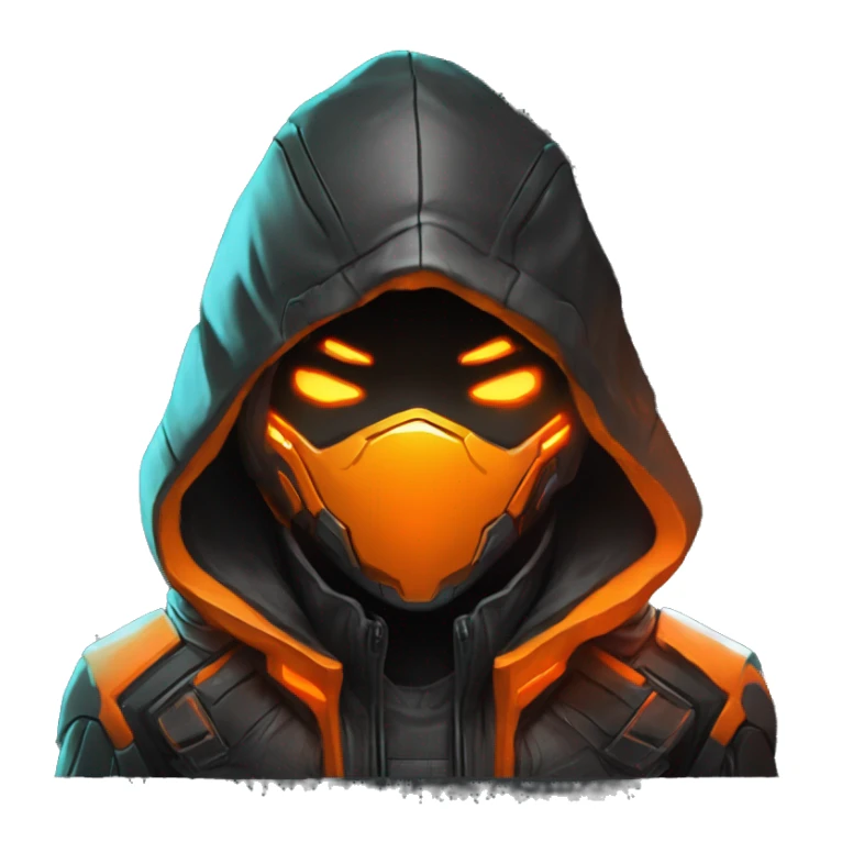  developer behind his laptop with this style : crysis Cyberpunk Valorant orange glowing bright orange character orange black hooded assassin themed character sticker