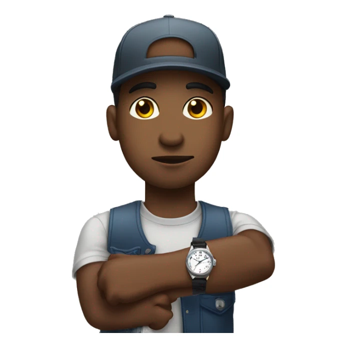 Young Black man with backwards fitted cap on rolling eyes holding wrist up checking watch sticker