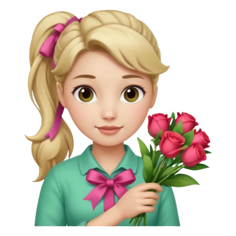 Young female florist – ponytail, holding a bouquet with ribbon sticker