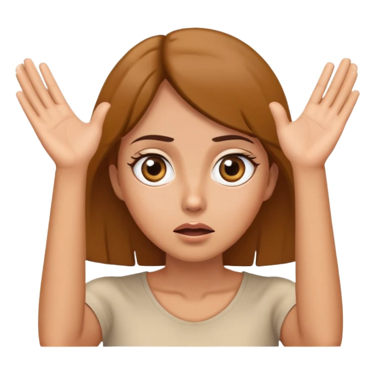 Woman with wide eyes and confused expression, hands raised by face sticker