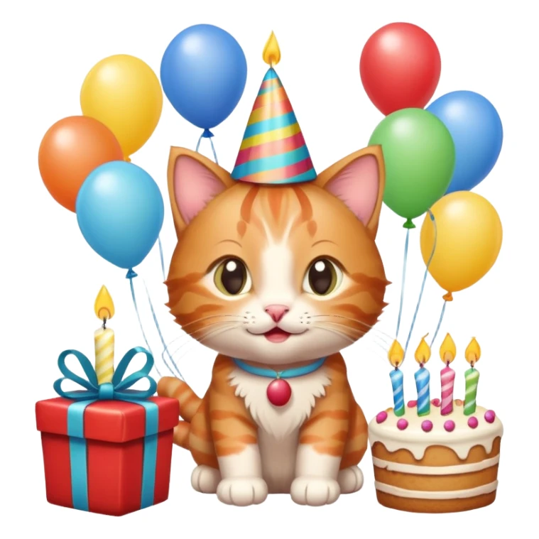 Ginger tabby kitten celebrates birthday, birthday hat, birthday cake, one candle, balloons, happy, gifts sticker